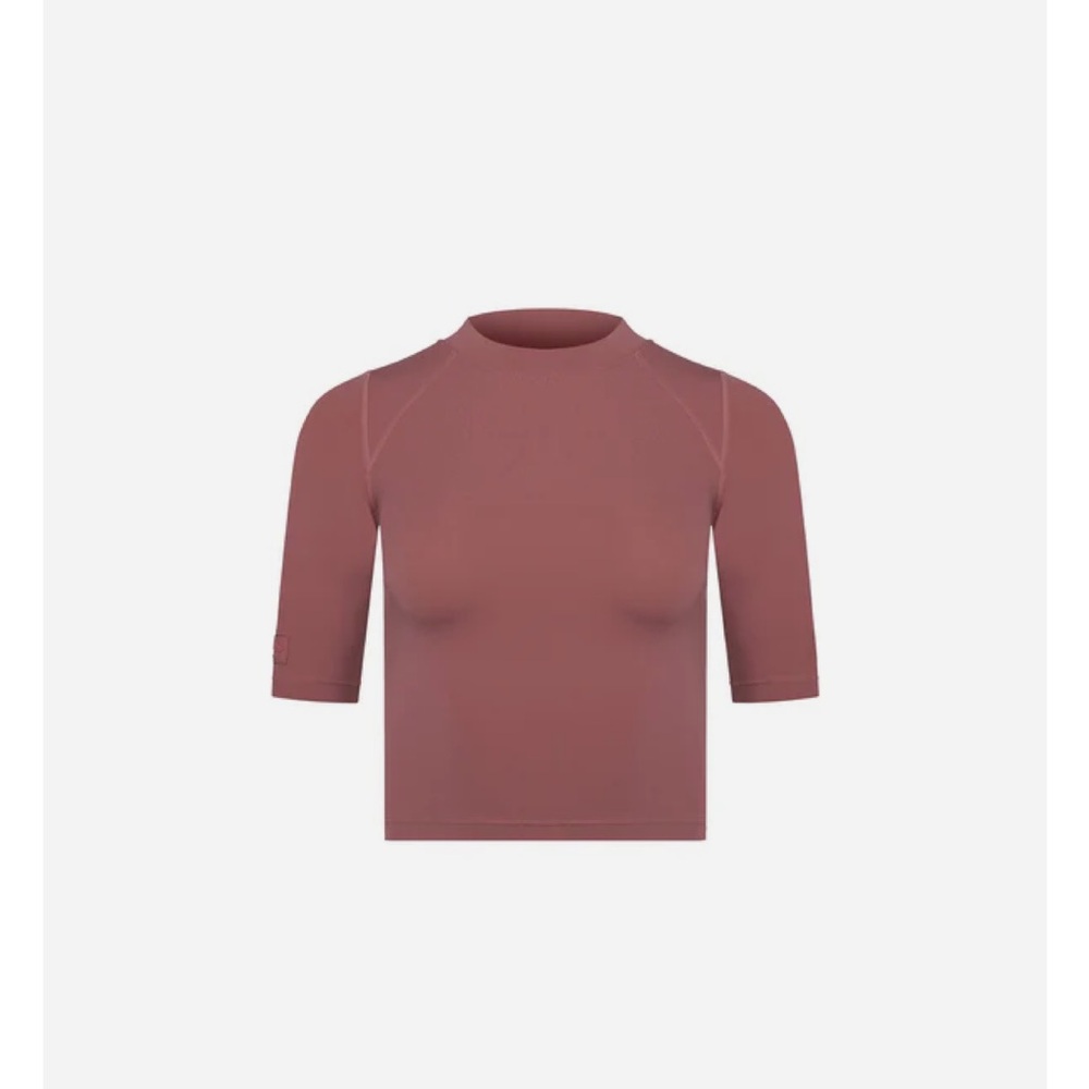 Brandon Blackwood Studio Short Sleeve Mock Neck Top in Dusty Rose.